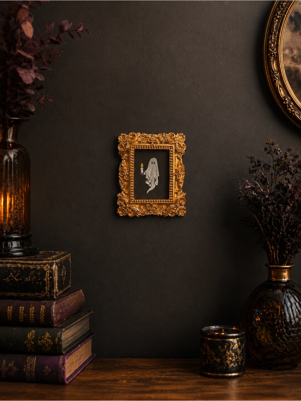 Gold Ornate Mini Frame with Hand Painted Ghost Candle Painting
